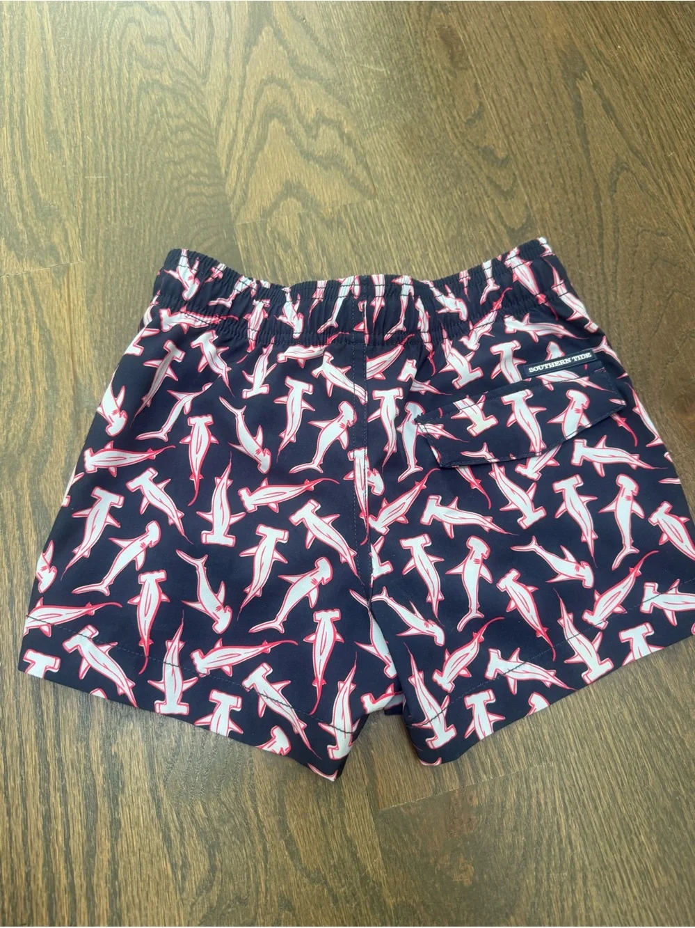 Southern Tide Navy Shark-Print Swim Shorts with Light Blue Drawstring